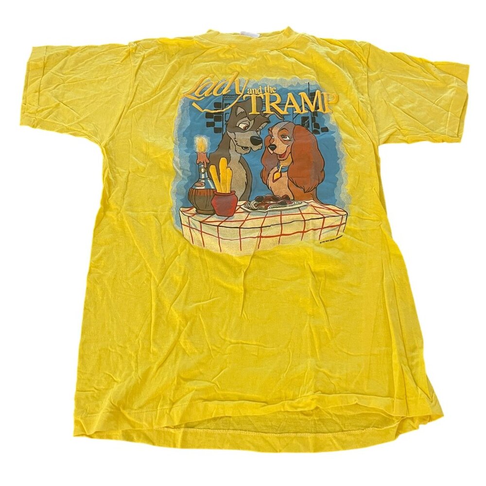 RARE VTG. Disney Lady And The Tramp Yellow Cotton SS T-Shirt Single Stitch Sz L